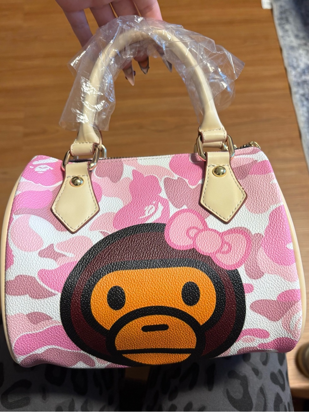 Pink Camouflage Satchel Bag with Cream Handles